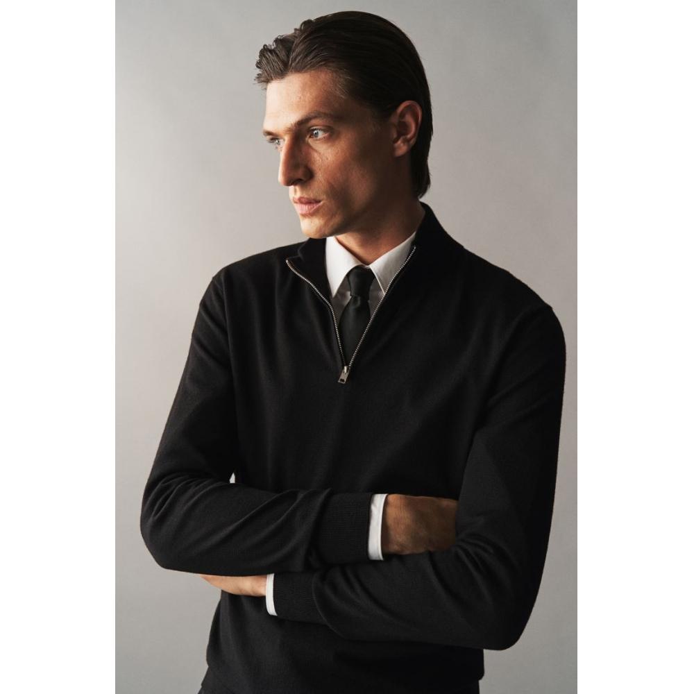 H M sliM Fit Merino Wool Zip Up Sweater Black