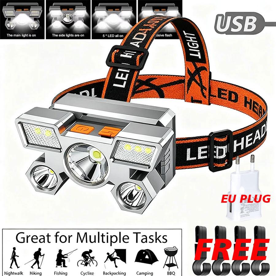 Powerful USB Rechargeable Head Flashlight for Fishing Led Headlamp 5LED Camping Headlights Hunting Torch Hiking Front Lanterns