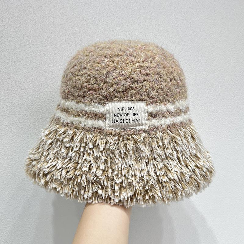 Korean Version Women's Plush Knitted Hat Women's Autumn and Winter Fisherman Hat Stripes Thick Warm Hat