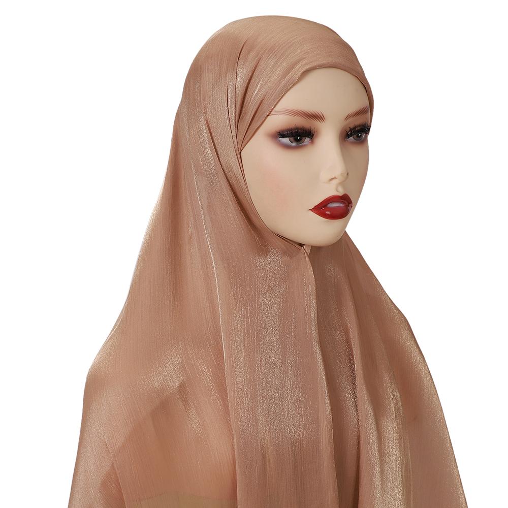 New Solid Color Glitter Hijabs 2Pcs With Undercap Muslim Ladies Soft Head Wrap Shimmer Satin Crepe Hijab Shawl