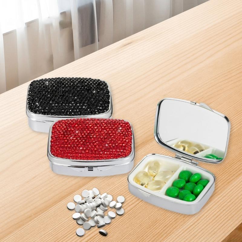 Portable Travel Pills Box with Crystal Diamonds Design 2 Compartment Medicine Container Pills Case for Vitamins and Pills