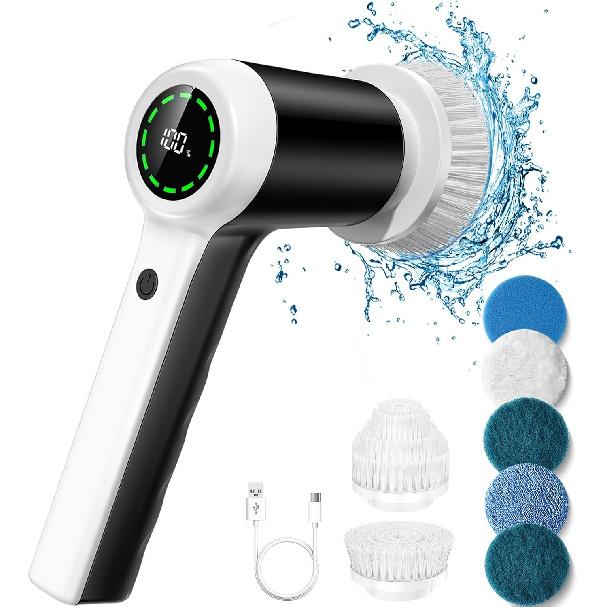 Electric Spin Scrubber, Cordless Shower Scrubbers with Battery Level Display, 2 Speeds Electric Scrubber for Cleaning with 7 Replaceable Heads,