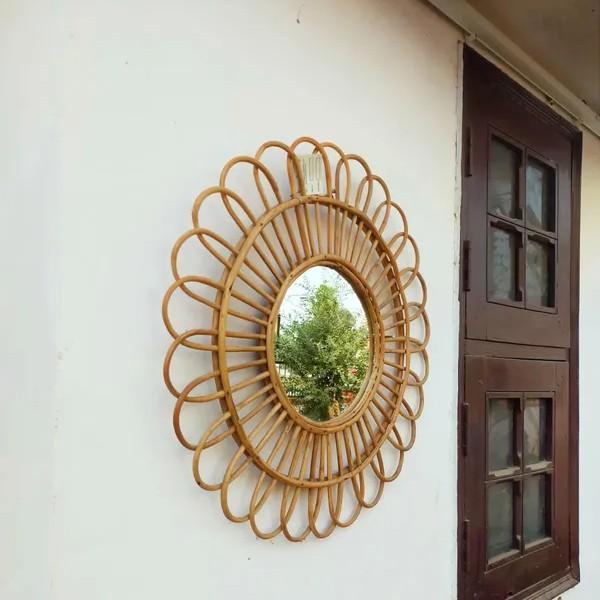 Handmade Premium Decorative Rattan Round Mirror Frame Beige