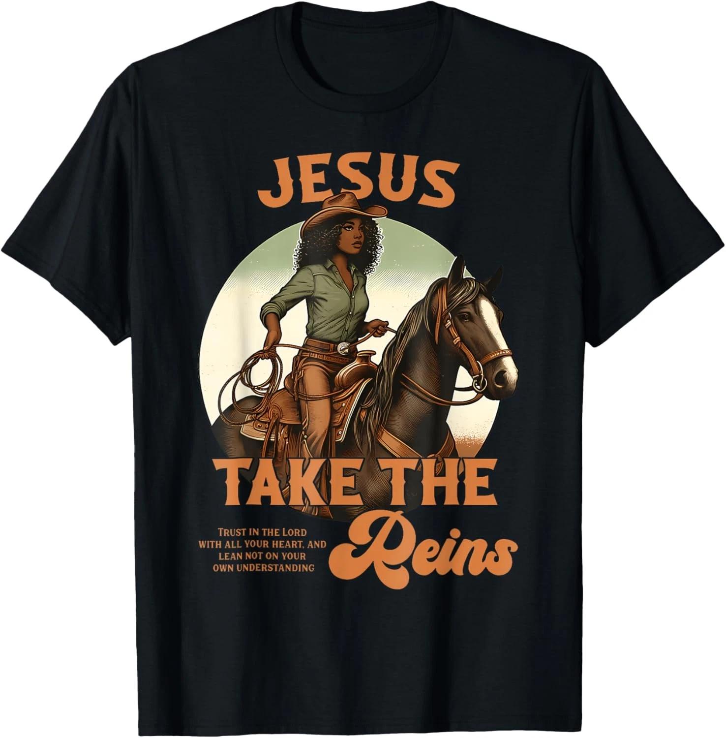 

Jesus Take The Reins Christian Black Cowgirl Western Texas T shirt XL