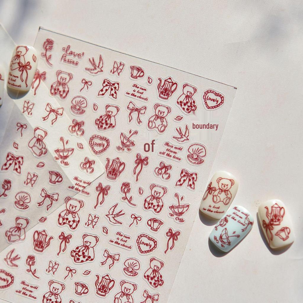 Tomoni Cute & Durable Blue Bear Nail Stickers - Cartoon & Modern Simple Line Designs, Mixed Pack