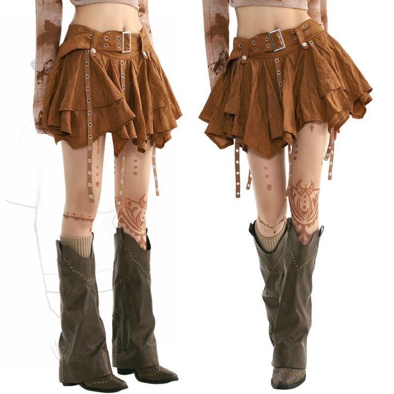 Wasteland Style Retro Irregular Ruffle Hem Skirt For Women Spring Summer Design Sense Petite Ribbon Pleated Lady Short Skirt