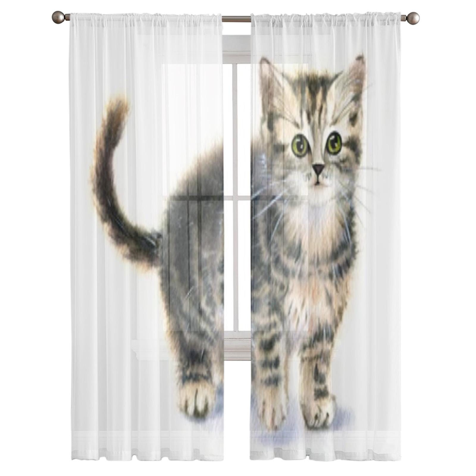 Акварельные прозрачные шторы с забавным милым котом для гостиной — фото 2