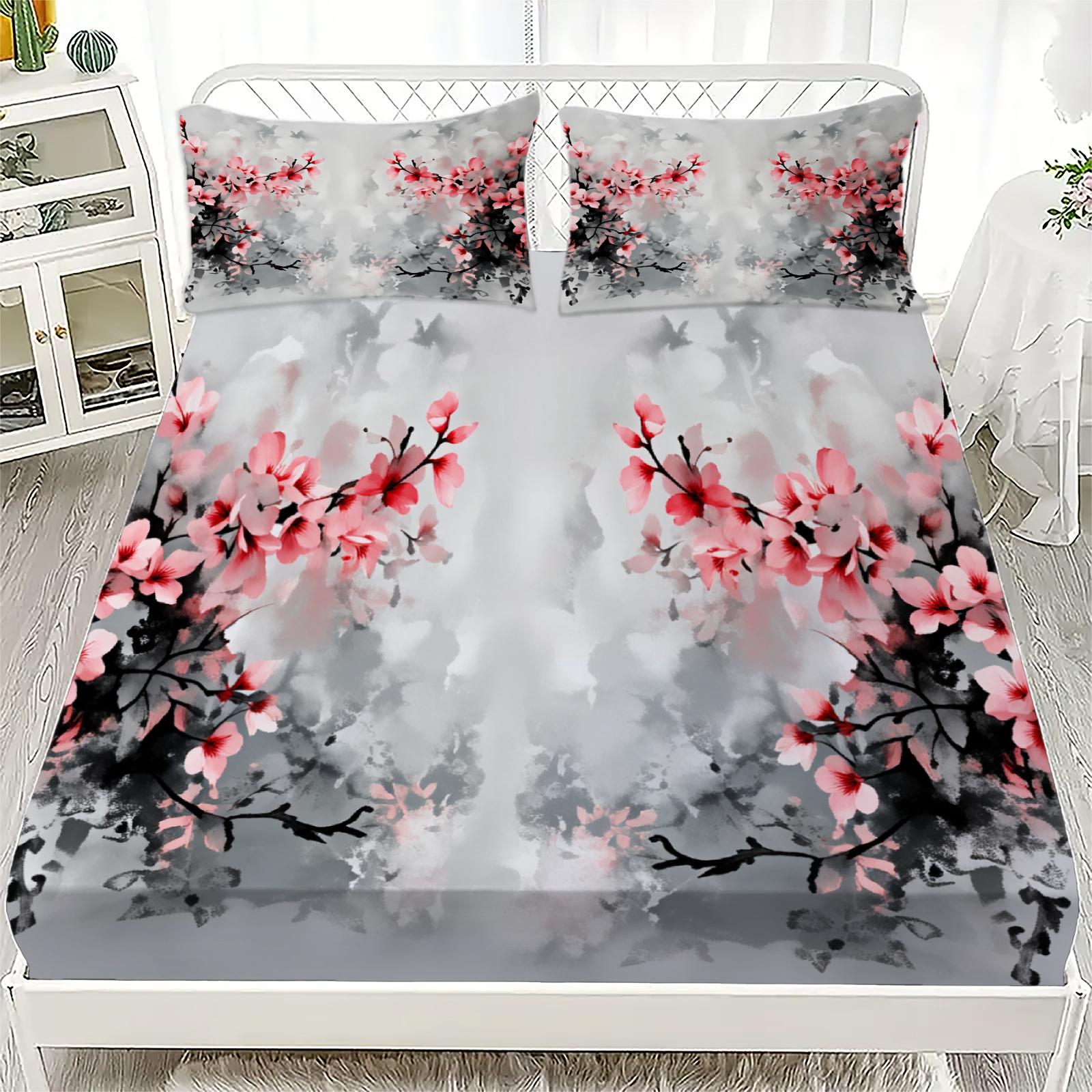 

3pcs Cherry Blossom Flat Sheet 3D Printed Floral Pattern Fitted Sheet Sets With Pillowcases Grey Gradient Base Classical Style 120x200x25cm