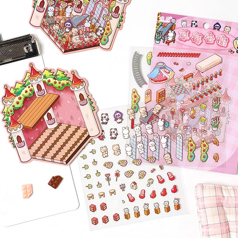 Kawaii Mini Cartoon Rainbow Castle Cabin Landscape Stickers Visual 3D Stacking Miniature Scene Pocket Cabin Children Stickers