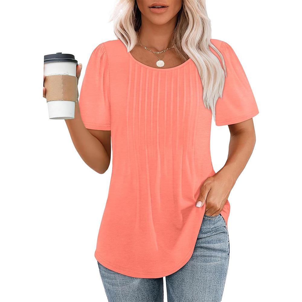 Pleated Round Neck Short Sleeve Women's T-Shirt - New 2024 European & American Style