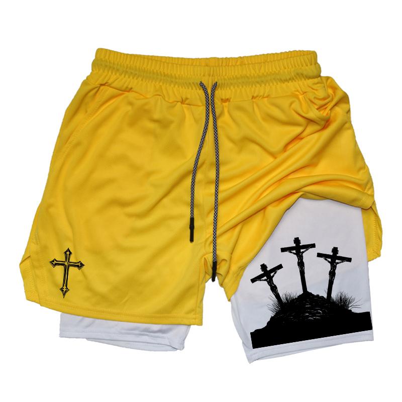 MDHAO xin nan zhuang  3D txu Kruisprint 2-in-1 Trainings- en Hardloopshorts voor Mannen Christelijk Atletisch Ademende Prestatieshorts met Telefoonvakje Handdoeklus M