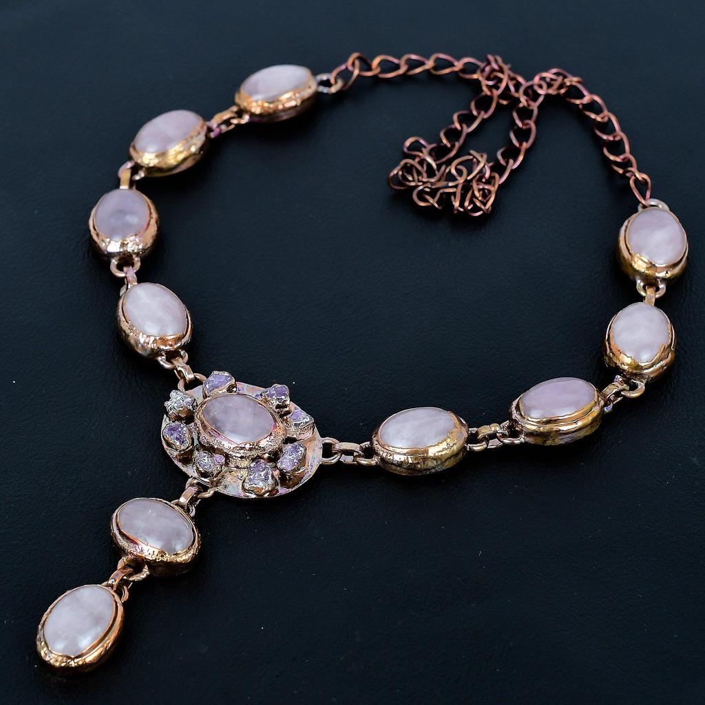 Rose Quartz Necklace, Copper Electroformed Jewelry, Gemstone Necklace, Gift For Her Handmade Dainty Jewelry