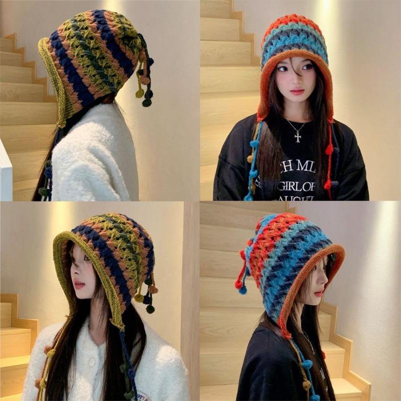Color Hairball Knitted Hat Handmade Wool Crocheted Women's Autumn and Winter Thickened Thermal Ear Protector Pullover Hat