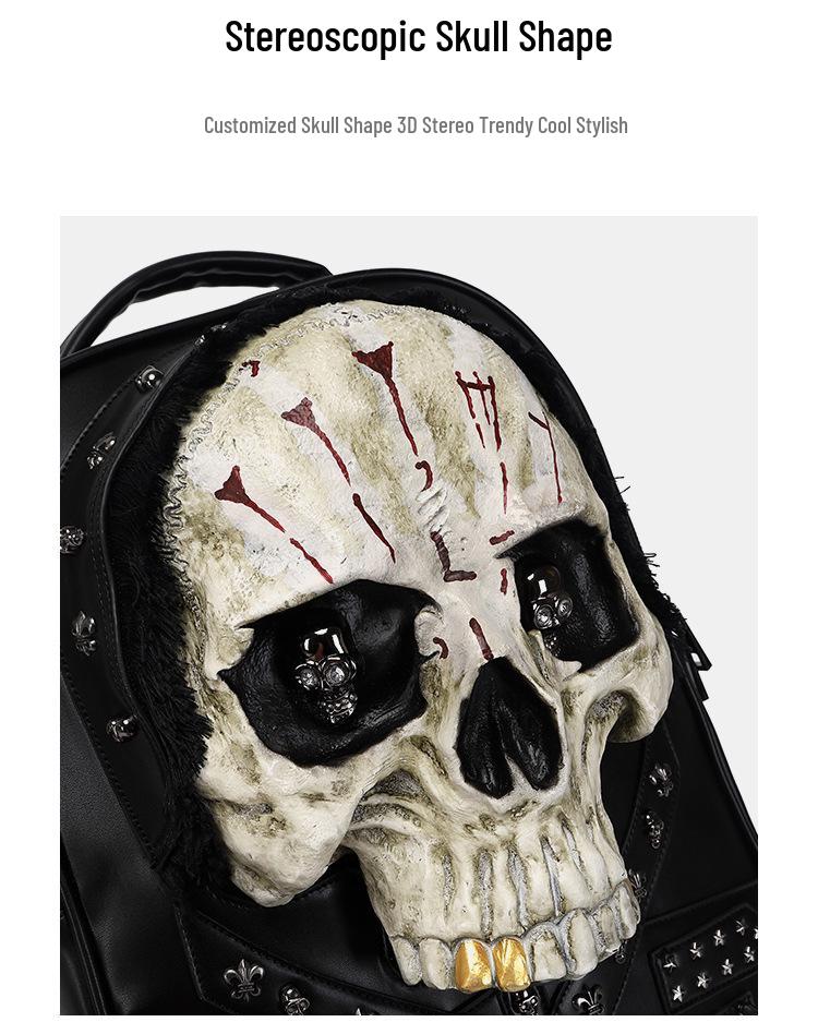 Skull 3D Stereo PU Double Shoulder Backpack for Men and Women
