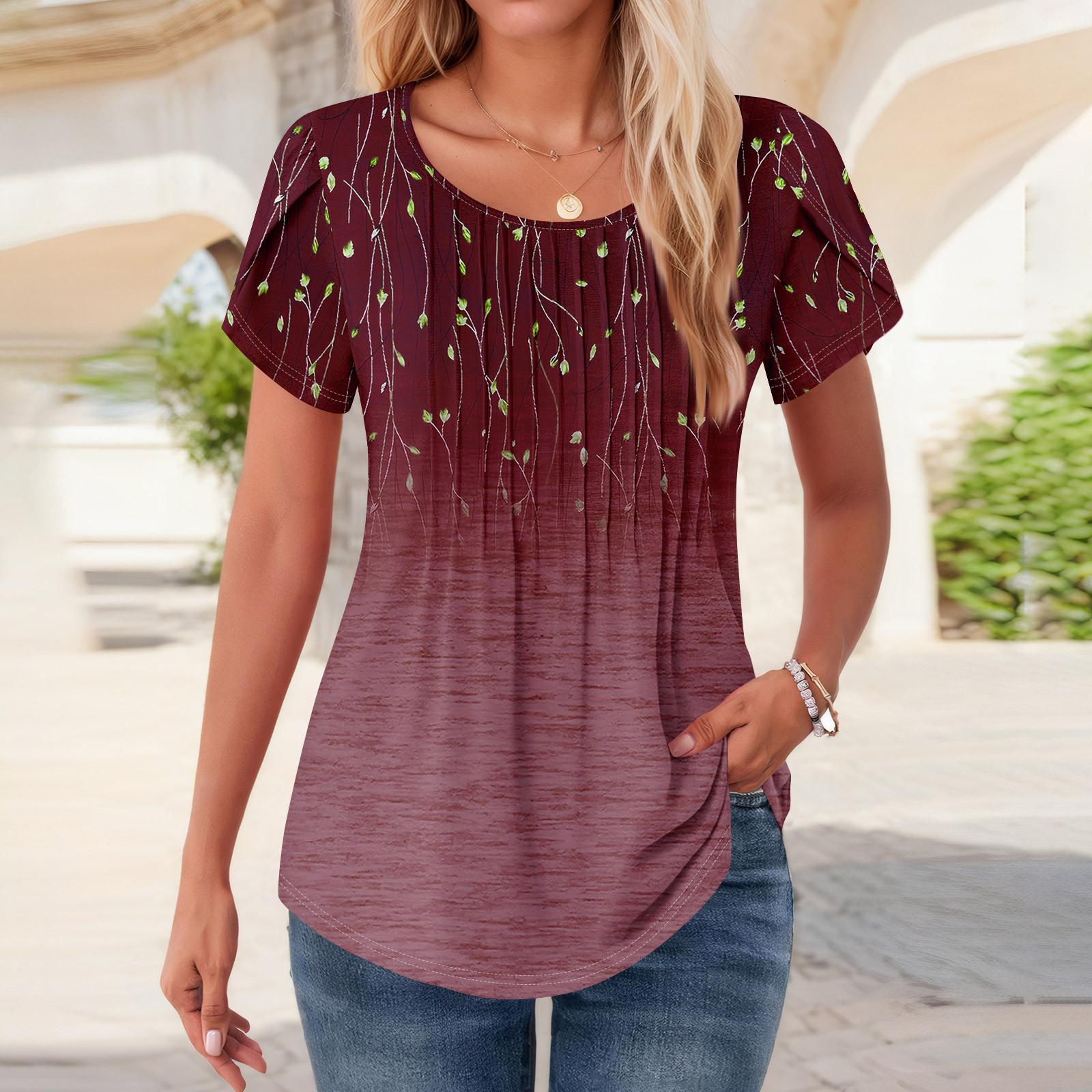 

Жіночі топи з короткими рукавами, літні сорочки з круглим вирізом, блузки з квітковим принтом для жінок, ошатні повсякденні XL винний