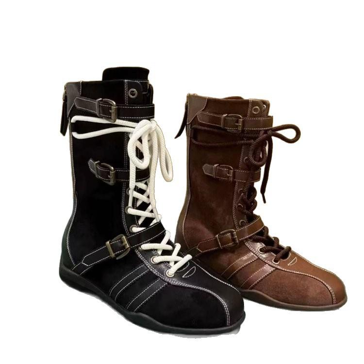 Sheepskin Version~ Retro Splicing Suede Boxing Boots Women's Fashion Niche Belt Buckle Lace-up Rear Zipper Martin Boots