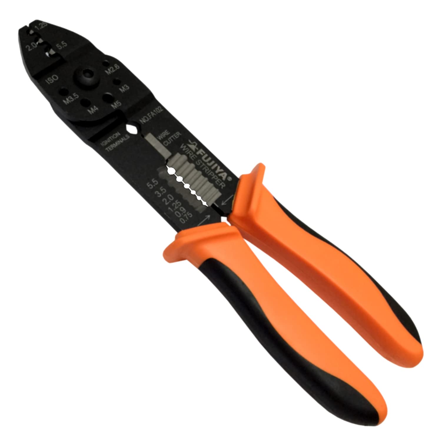 

Fujiya All-Purpose Electrician s Pliers (for bare crimp terminals) with cutting and stripping blades, polished finish, FA102