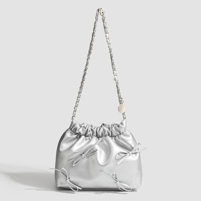 Silver Chain Bow Bucket Bag Goes with A Stylish Commuter Crossbody Shoulder Bag