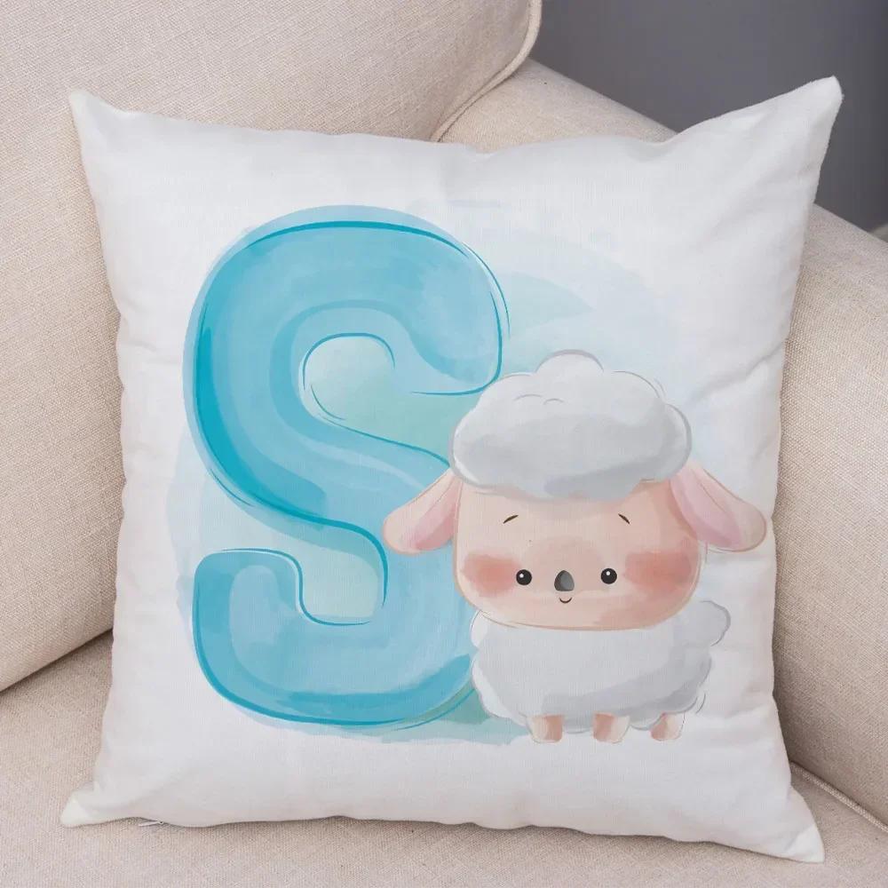 Cute Cartoon Cushion Cover Water Color English Letter Print Pillow Case Soft Animal Print Pillowcase For Children Room Decor