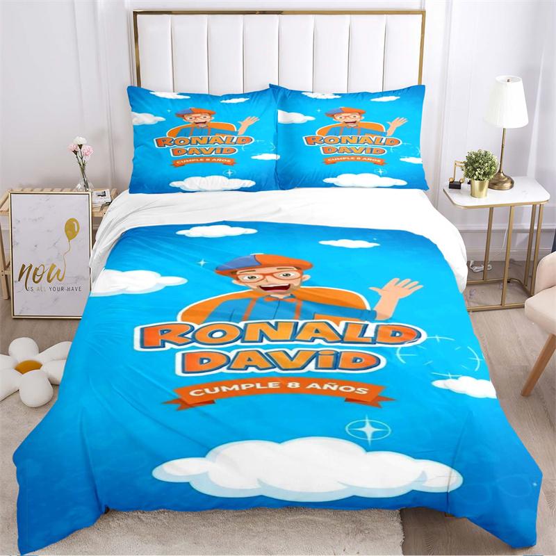 Blue & Orange Kids Character Elements Print Bedding Set, Cute Bow Tie Glasses Pattern Duvet Cover Set(1 * Duvet Cover + 2 * Pillowcase, Without Core)