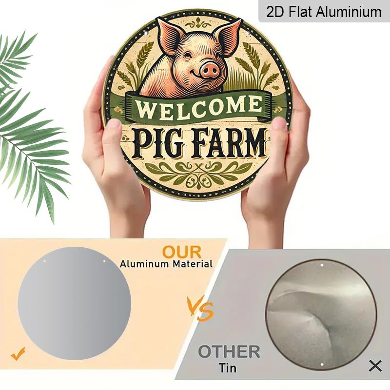 2D Flat 1pc, 8x8 in, Vintage Pig Farm Themed Design, Aluminum Metal Decorative Signs & Plaques, Round Wall Art, Suitable for Bars, Cafes, Clubs, and