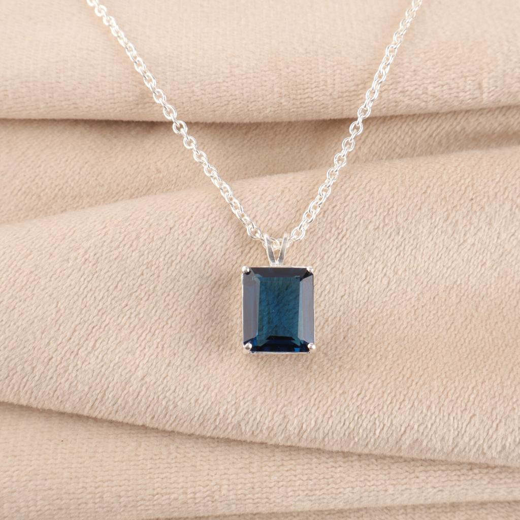 London Blue Topaz Gemstone 925 Stamped Silver Jewelry Rectangle Pendant For Gift PP-58-6