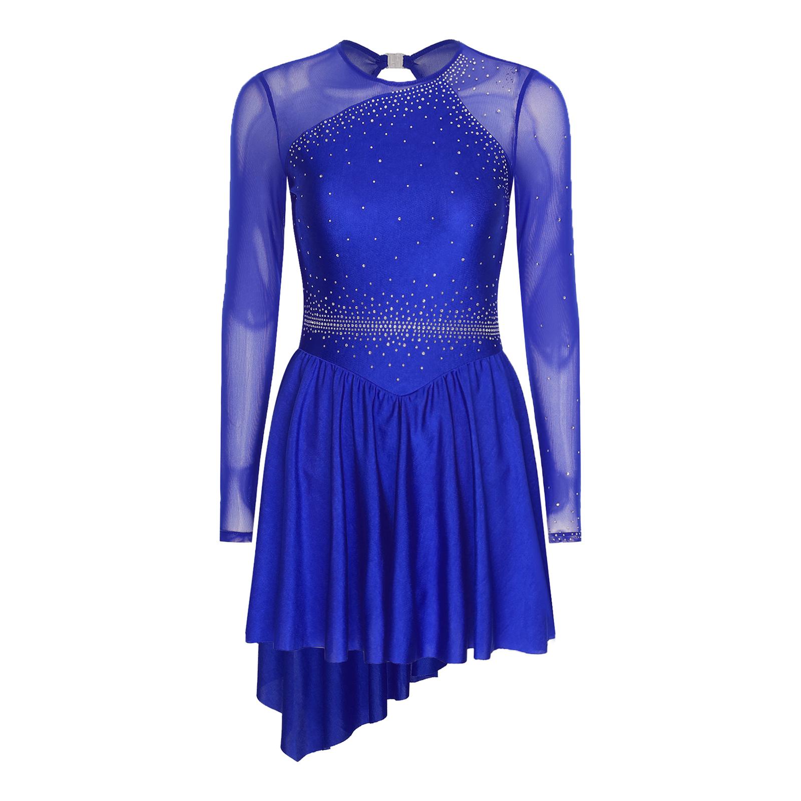 

Womens Sparkly Rhinestones Dance Dresses Cutout Back Contrast Color Mesh Long Sleeve Asymmetrical Hem Dress S синій