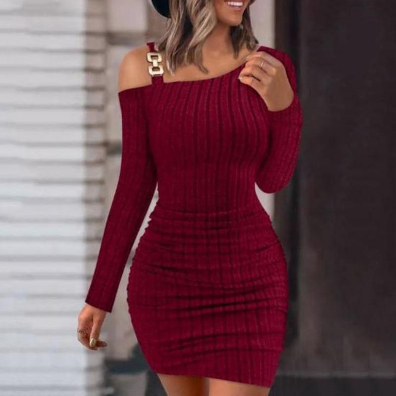 Women  Dress Knitted One Shoulder  Elastic Neck Solid Color Tight Waist Anti-shrink Long Sleeve Mini Sheath Dress Party