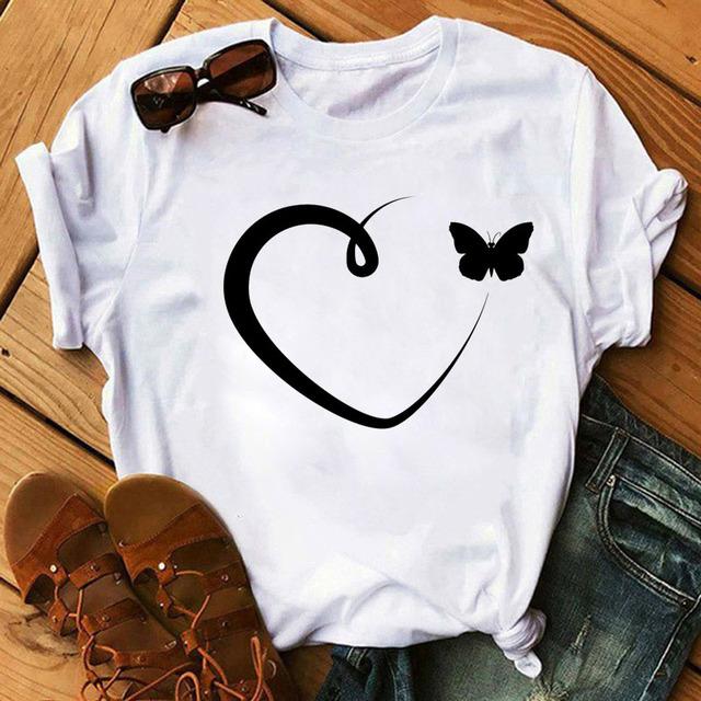 Women T Shirt Butterfly Heart Print T Shirt Female Summer Casual Cute Graphic Tee Tops Women Summer Funny Harajuku T-Shirts Tops