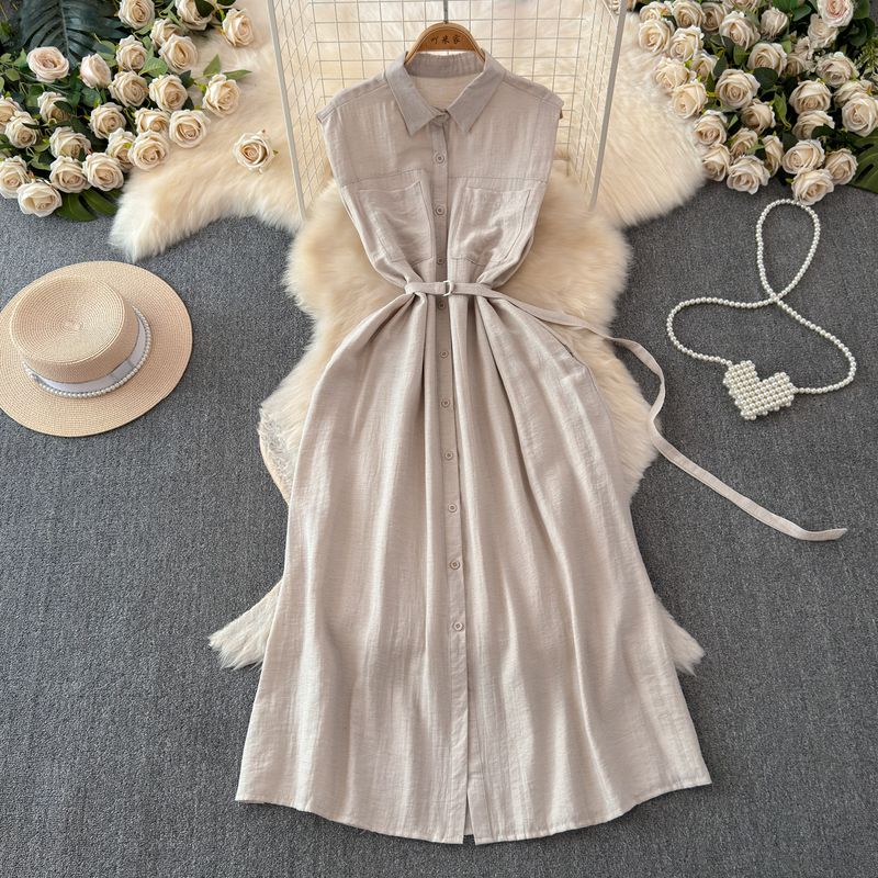 

French Style Retro Elegant Dress Summer A- line Shirt Camel White One size