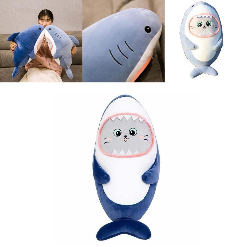 Niedriges Haifisch-Plüschkissen mit KatzenGesicht Stofftier Blau/Grau 30/60cm Superweicher Kurzer Plüsch