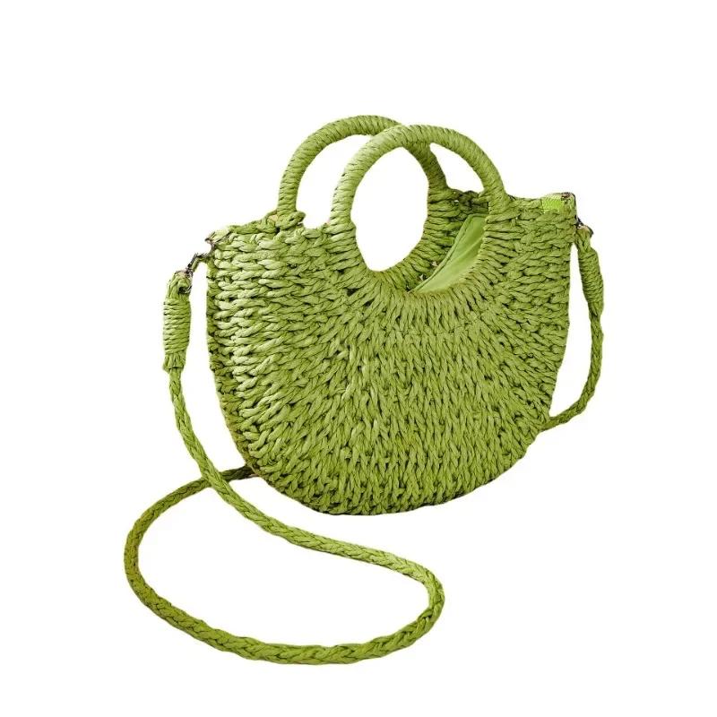 Handwoven Straw Rattan Half-Moon Bag - Women’s Large Capacity Hollow Out Crossbody Beach Shoulder Bag with Half-Round Design
