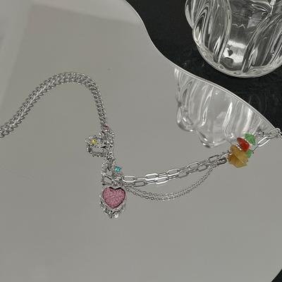 Colier de damă Colier cu margele colorate pentru femeie simplu piatră roz cristal inimă coliere argint accesorii cu lanț bijuterii