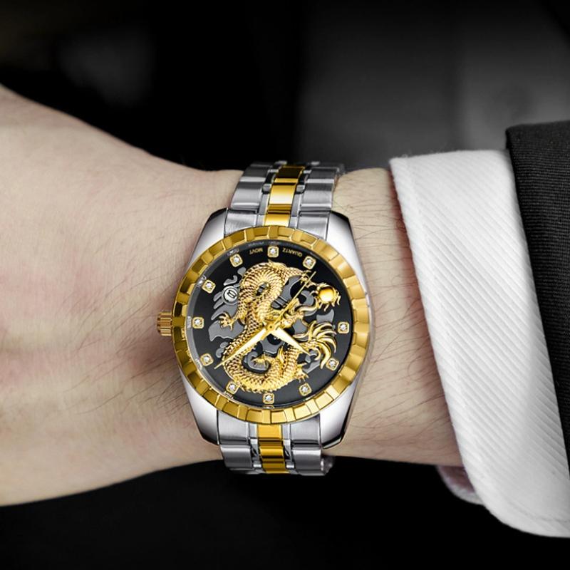 WLISTH Módní zlaté hodinky s drakem Pánské Luxusní Nerezová ocel Business Casual Křemenné Náramkové hodinky Datum Pánské Náramkové hodinky