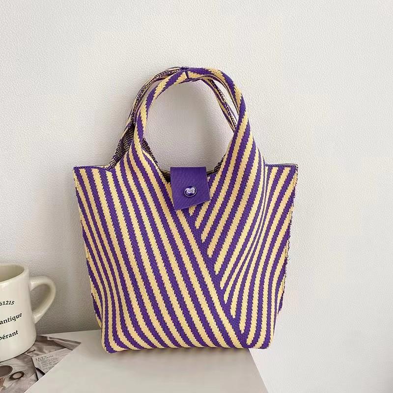Striped Pattern Knitted Handbag Fashion Crochet Bag For Women Aesthetic Bucket Bag With Snap Button