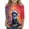Christmas Day Print Tops For Youth Girls 5-16 Years Round Neck 3/4 Sleeves T-Shirts Trendy Tops Outfit Tees
