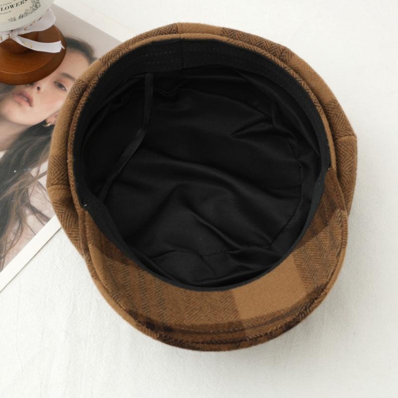 New women's autumn and winter British style retro plaid octagonal hat casual versatile painter hat windproof warm newsboy hat