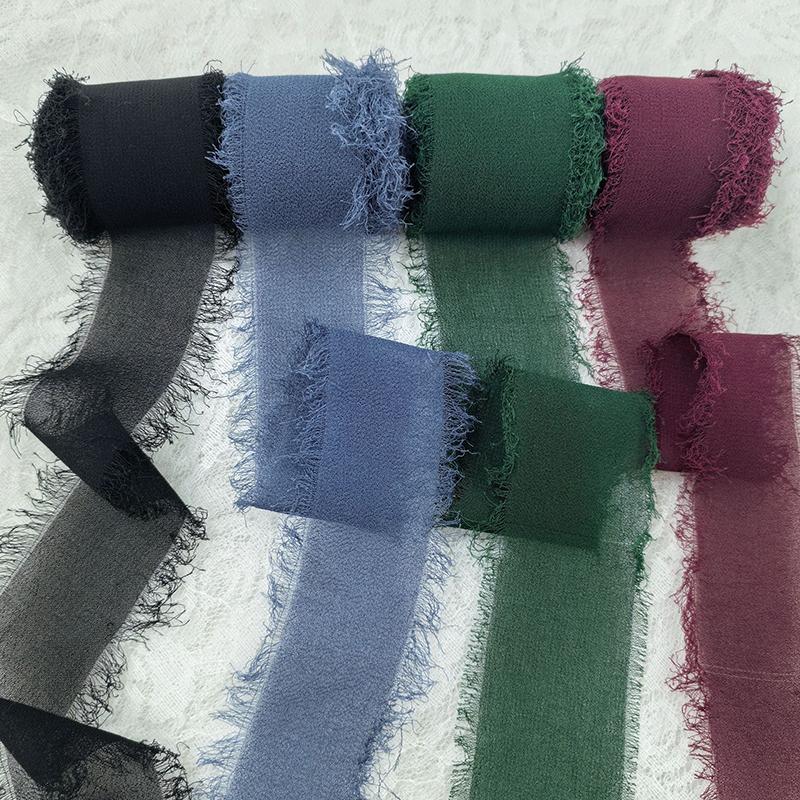 2/3/4Rolls 5M Frayed Edged Satin Handmade Chiffon Silk Ribbon For Wedding Invitation Bouquets Birthday Party Diy Decoration Gift