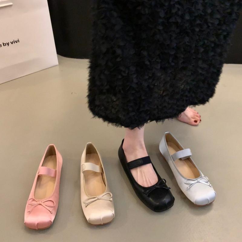 Flat pink ballet single shoes fairy shoes spring and autumn 2025 new summer satin silver Mary Jane shoes