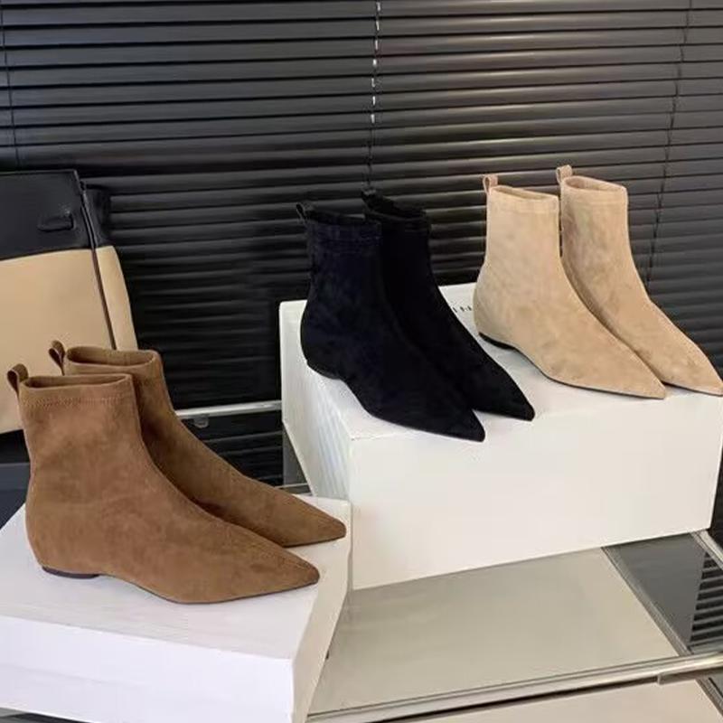 Flats Ankle Boots for Women's Pointed Toe Fashion Shoes Suede Winter Boots Walking Brand Comfort Gothic Mujer Botas