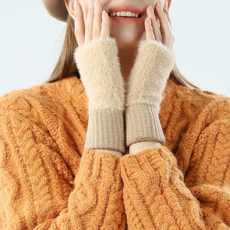 Winter Plush Gloves Stretchy Mittens Adult Knitted Solid Color Half Finger Gloves Knit Gloves for Cold Weather Cycling