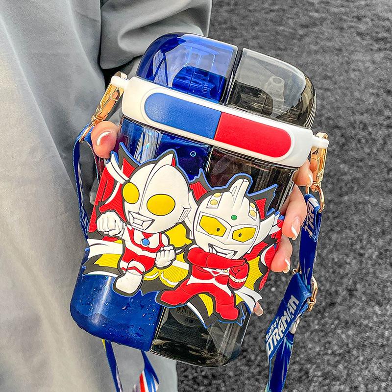 Ultraman Children's Water Cup Is Made of Special Material for School, Double Drinking Cup with Straw, High Temperature Resistance and Anti-drop.