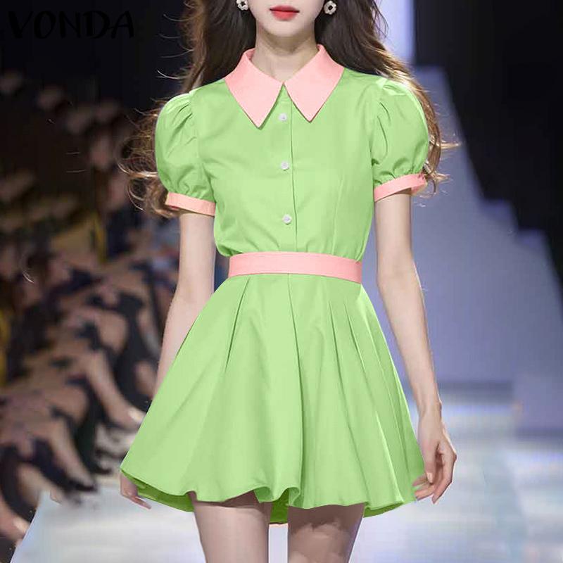 VONDA Summer Women Lapel Neck Short Sleeve Stitching Casual Pleated Dress