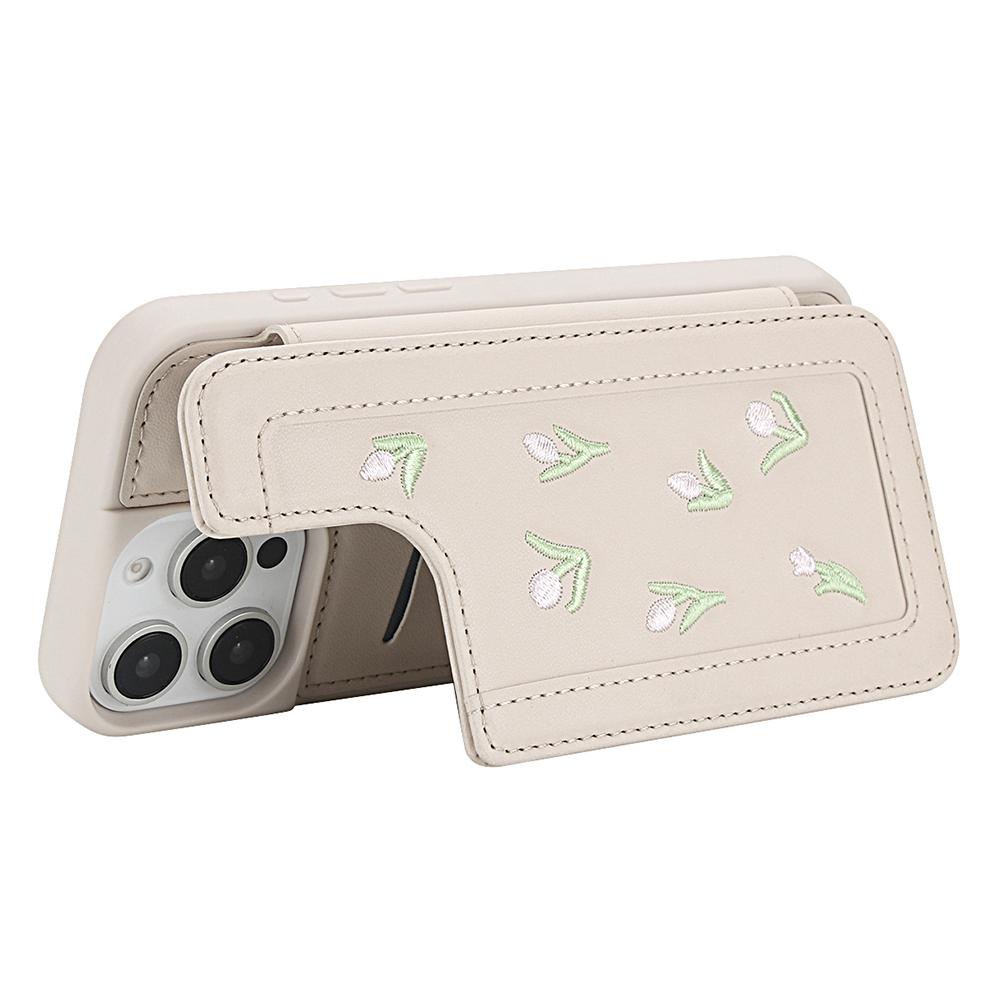 For iPhone 16 Pro Max Case Embroidered Tulips PU Leather Card Holder Back Cover with Shoulder Strap/Wrist Strap