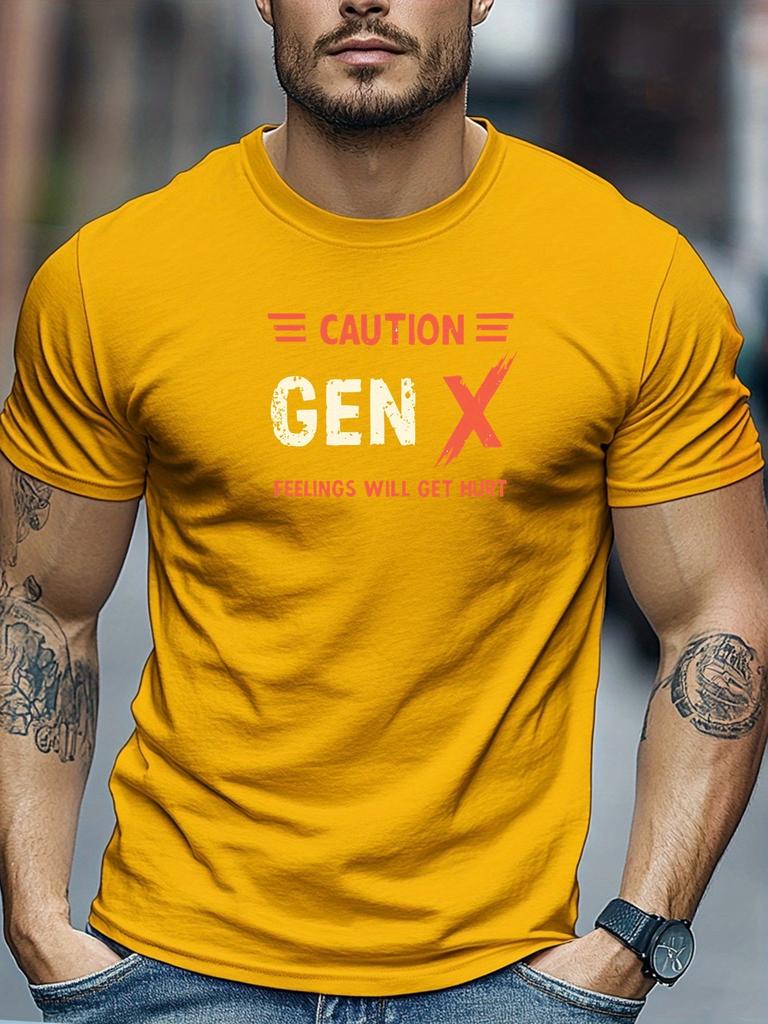Unisex Navy Crew Neck Tee Caution Gen X Feelings Will Get Hurt Distressed Retro Red White Text Warning Slogan Graphic Soft Short