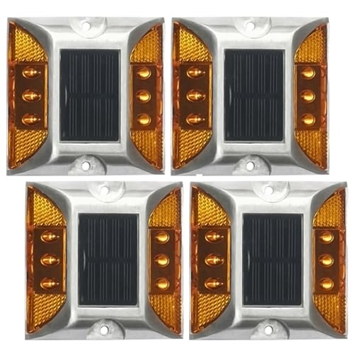 

Solar Road Stud Lights, Flashing Yellow LED, Rechargeable, Road Lighting, Garden, Waterproof, Recessed, Set of 4
