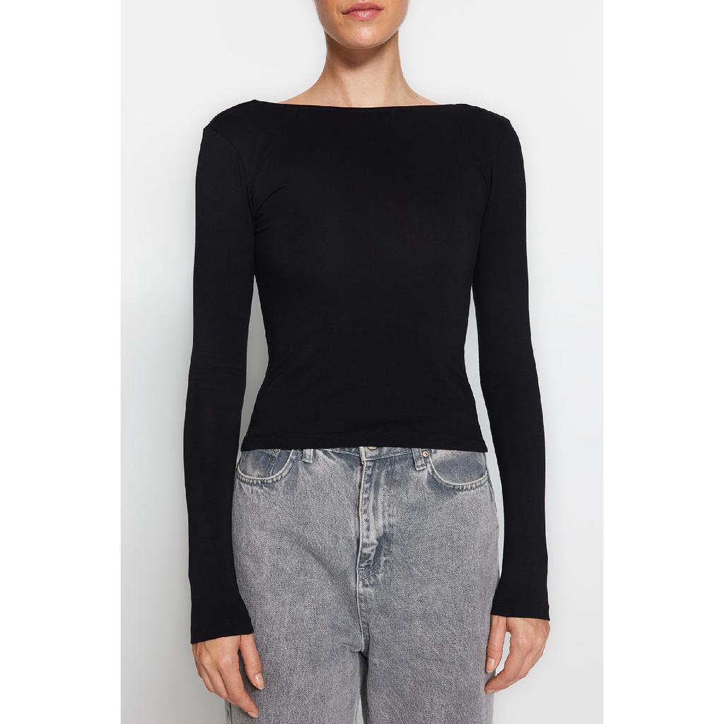 Blusa justa de algodão preto elástico sem costas Twoaw24bz00160