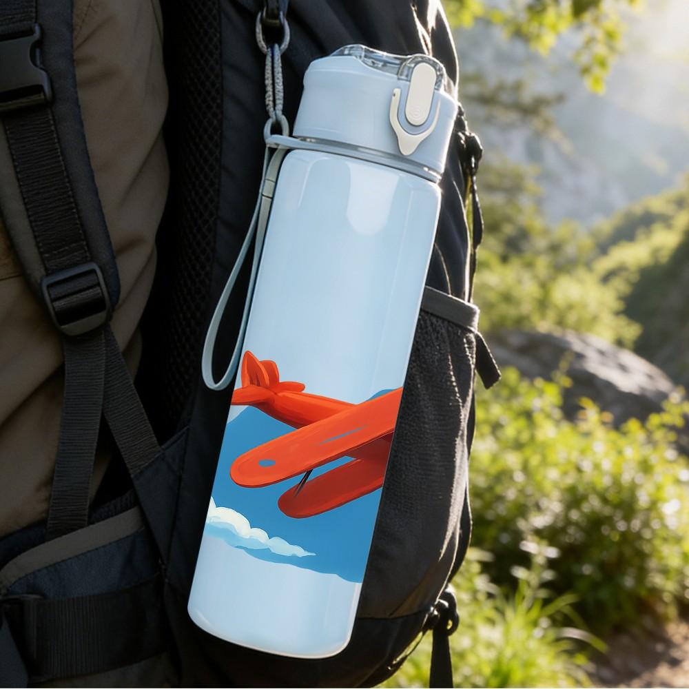1PC Red Airplane Blue Sky Scene 750ml Color Plastic Sports Water Bottle Leakproof Flip Straw Lid For Sports Office Home Use