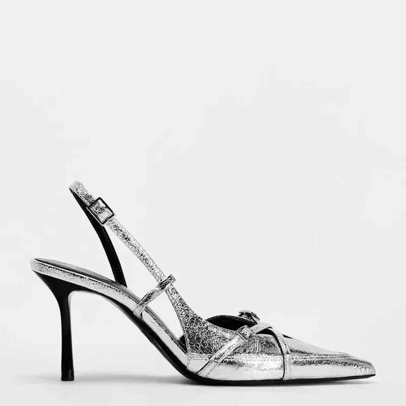 

Fashion Luxury Silver Mules High Heels Women Sexy Pointed Toe Slingbacks Thin High Heels Sandals Elegant Metal Buckle Design Women Pumps 42