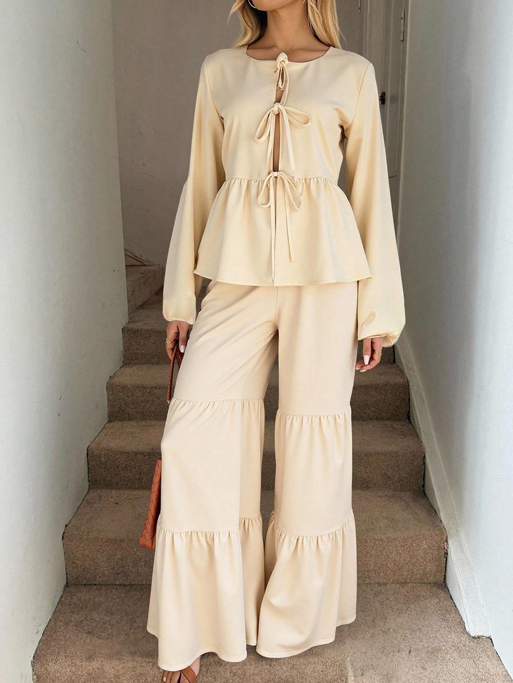 2025 European and American Amazon Cross-border Foreign Trade New Casual Loose Pants Two-Piece Ruffled Set S